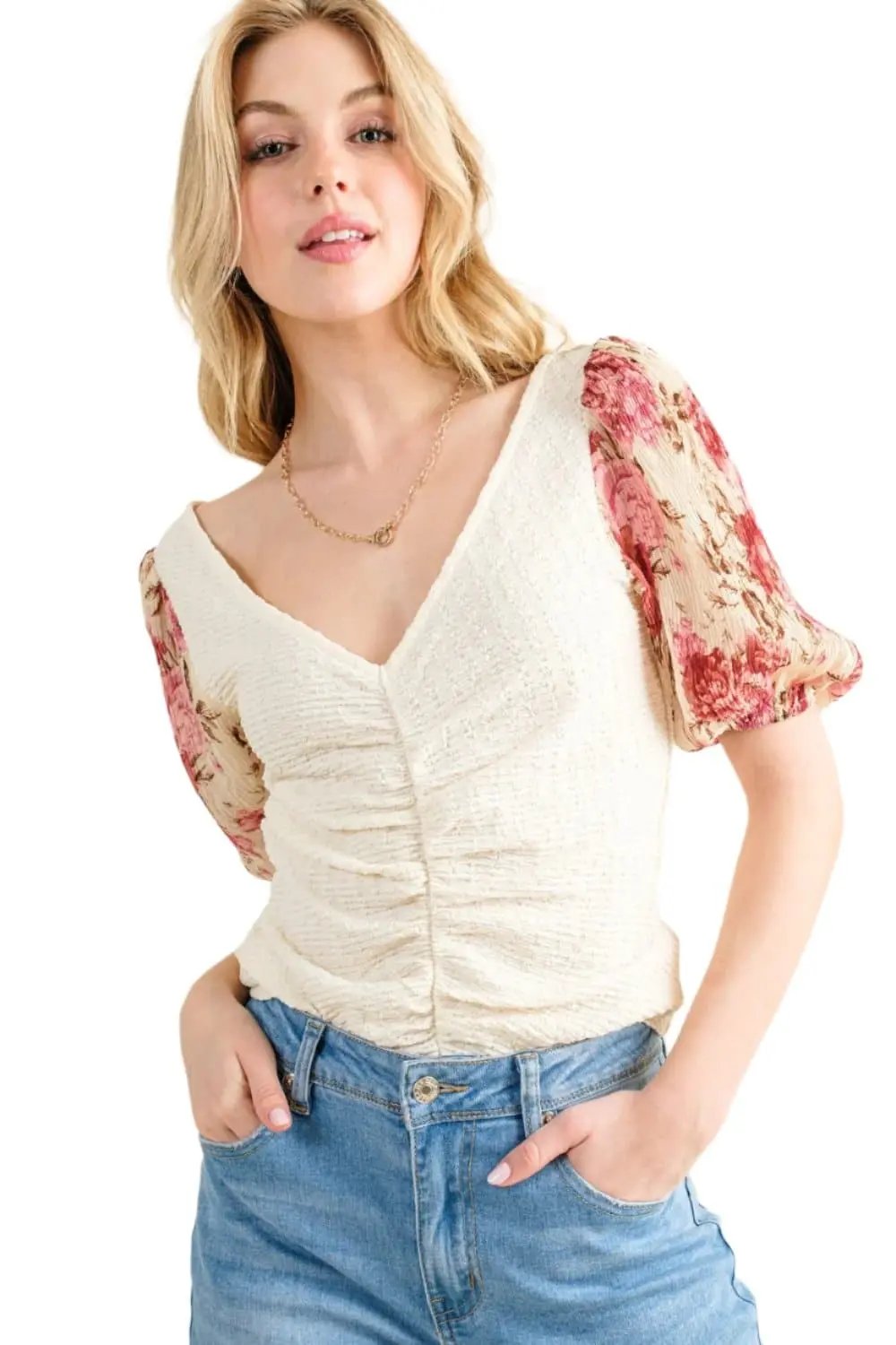Floral print textured sleeve top - Love Salve